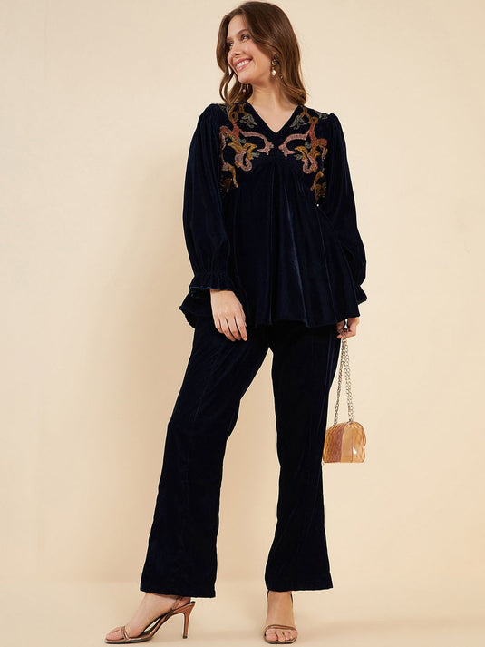 Navy Blue Embroidered V-Neck Tunic With Trouser