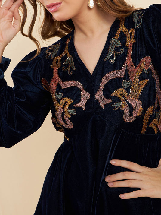 Navy Blue Embroidered V-Neck Tunic With Trouser