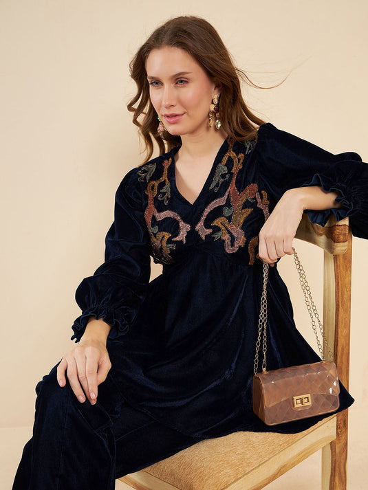 Navy Blue Embroidered V-Neck Tunic With Trouser