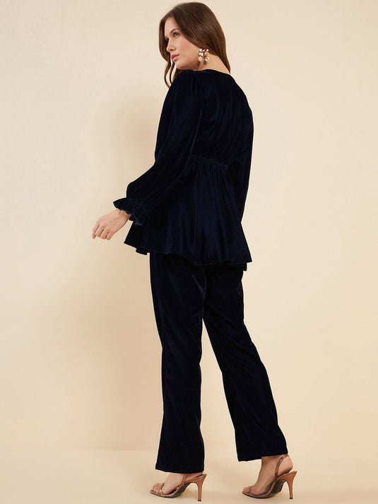 Navy Blue Embroidered V-Neck Tunic With Trouser