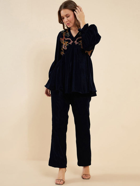 Navy Blue Embroidered V-Neck Tunic With Trouser